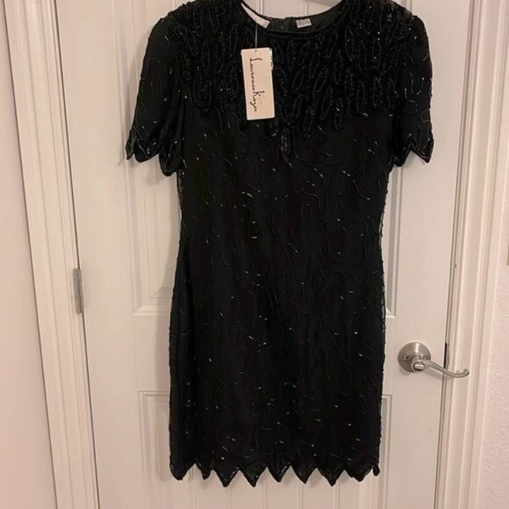 NWT Vtg. LAWRENCE KAZAR BLACK beaded handmade short sleeve SILK DRESS women’s L